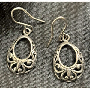 Vintage Small Sterling Silver Scroll Earrings Drop Dangle Scrollwork Ornate 1"